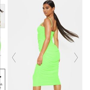 NEON LIME STRAPPY MESH RUCHED MIDAXI DRESS